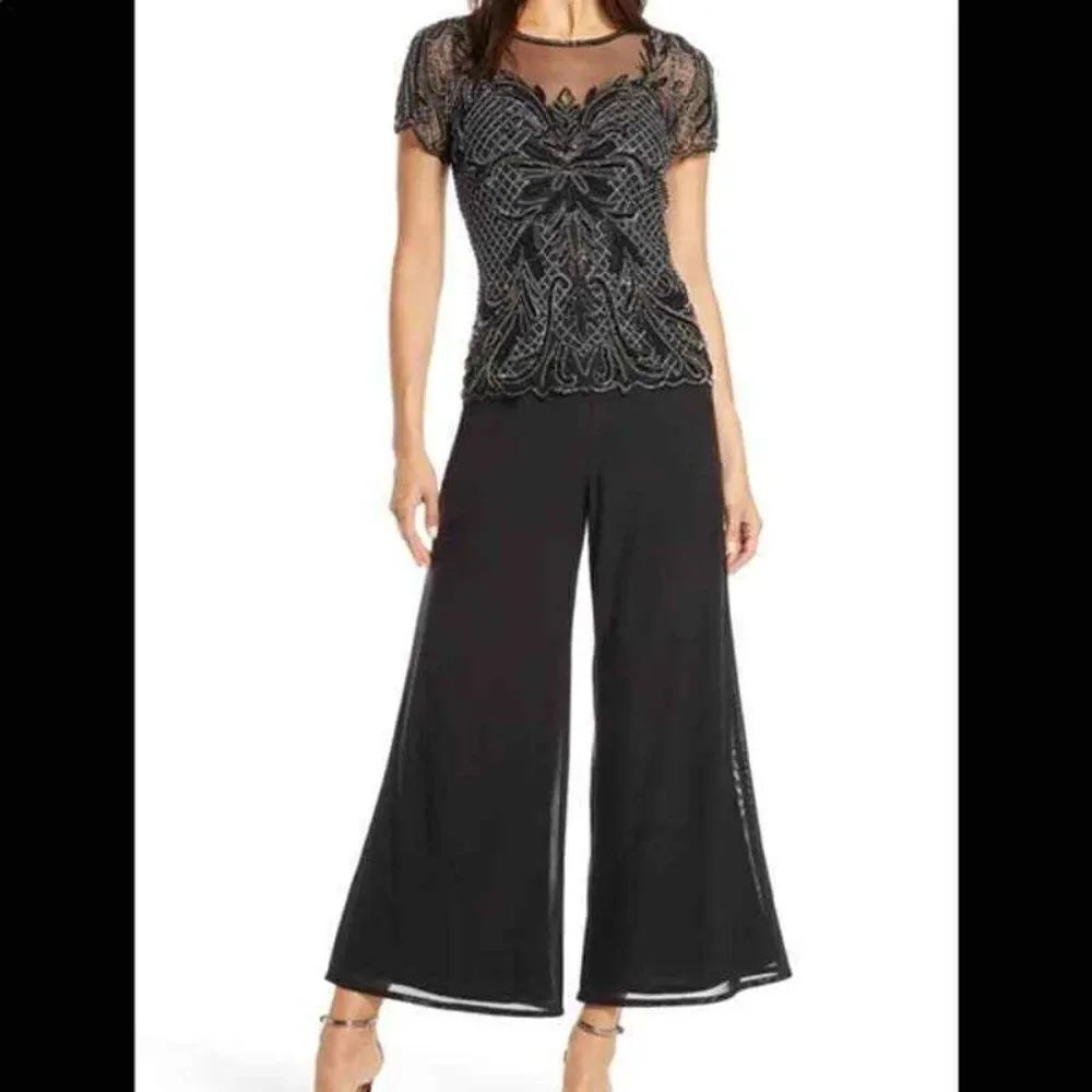 NEW! Pisarro Nights Illusion Bodice Beaded Jumpsuit - size 6 in Black